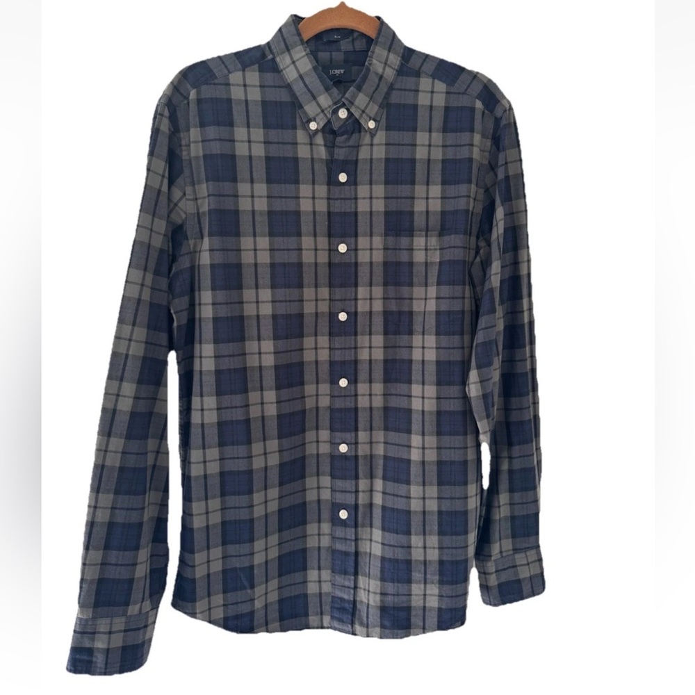 J. Crew Mens Navy Gray Plaid Button Up Cotton Long Sleeve Slim Fit Medium, EUC